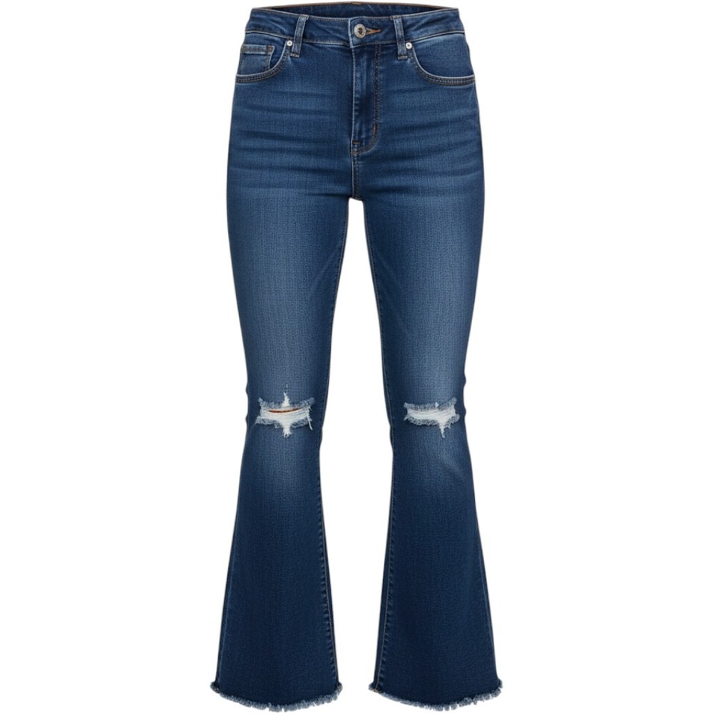 YMI Distressed Flare Jeans Fray Hem High Rise Denim Women's Size 9/29 Knee Rips